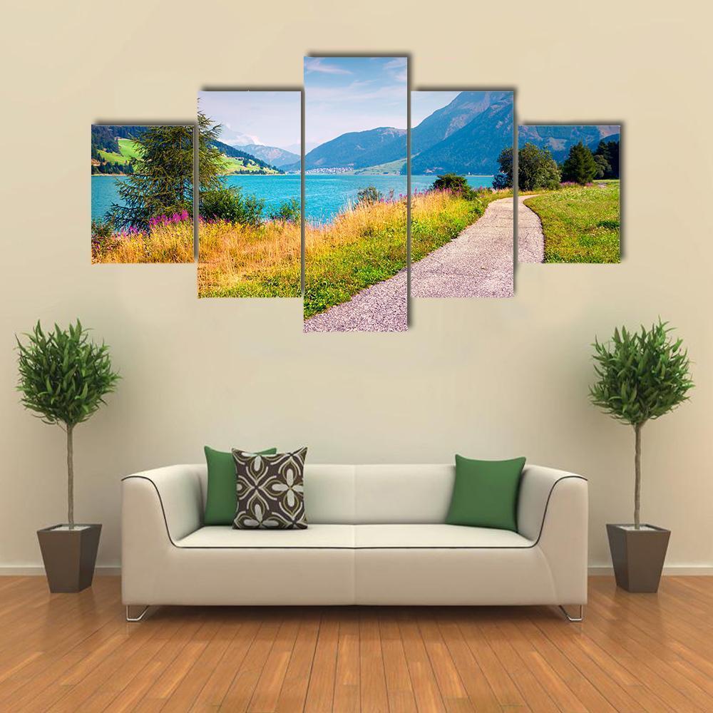 Path Around Resia Lake Canvas Wall Art-5 Star-Gallery Wrap-62" x 32"-Tiaracle