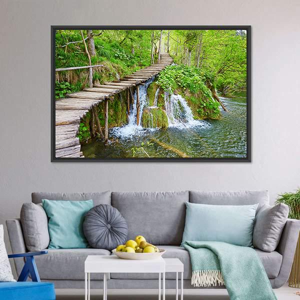 Path In Plitvice Lake Canvas Wall Art-1 Piece-Floating Frame-24" x 16"-Tiaracle