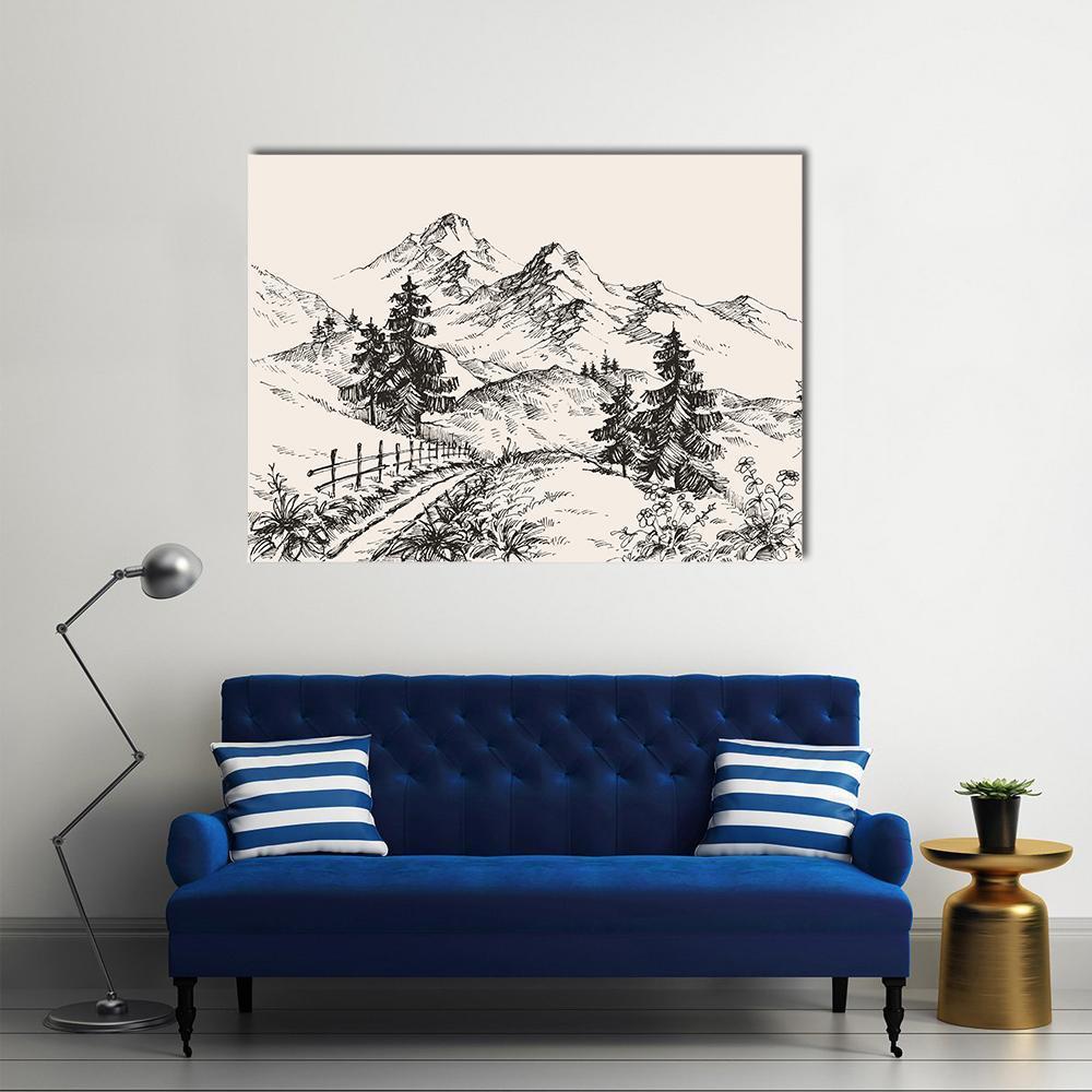 Hand-drawn Mountain Path with Pines Canvas Wall Art in black, white and beige, single panel hung on a wall