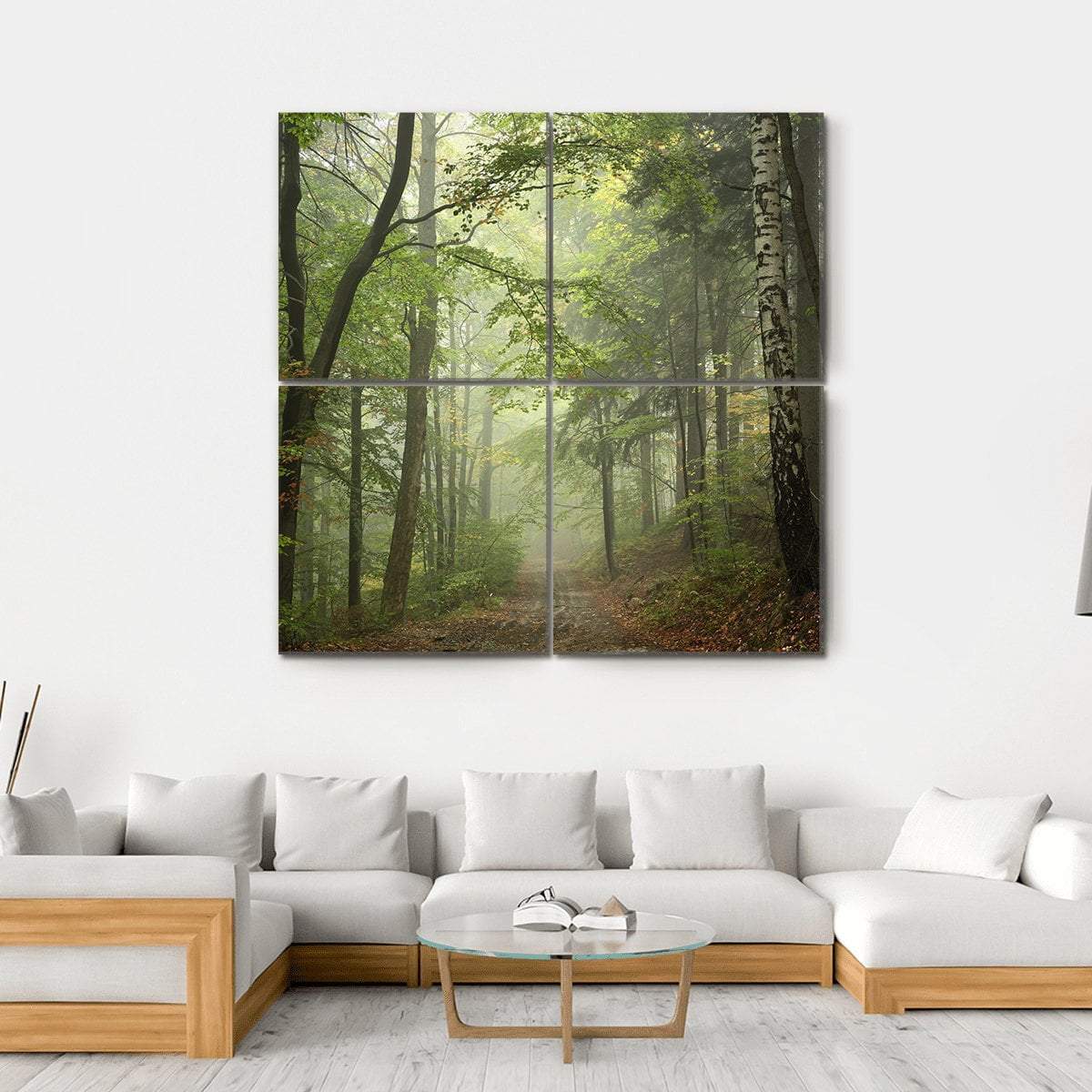 Path Through The Beech Forest In Foggy Weather Canvas Wall Art-4 Square-Gallery Wrap-17&quot; x 17&quot;-Tiaracle