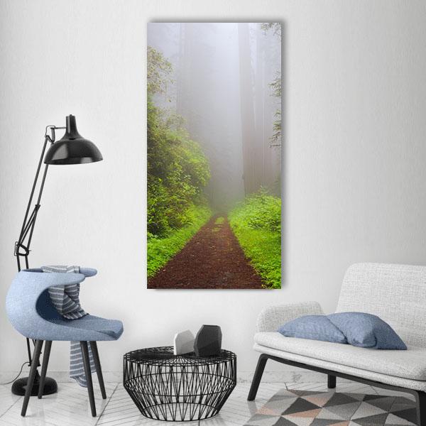 Path Through the Redwoods Vertical Canvas Wall Art in gray, brown and green, single vertical panel hung on a wall
