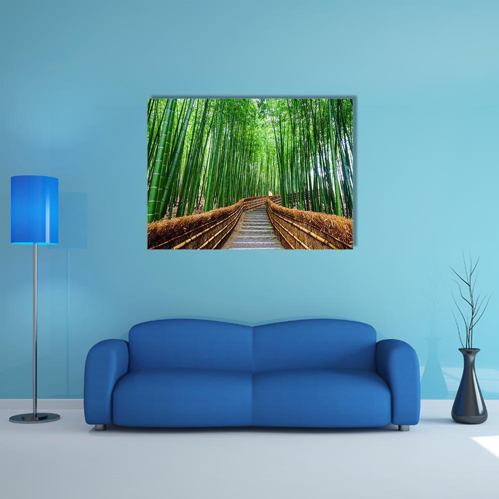 Path to Bamboo Forest Canvas Wall Art in brown and green, single panel hung on a wall