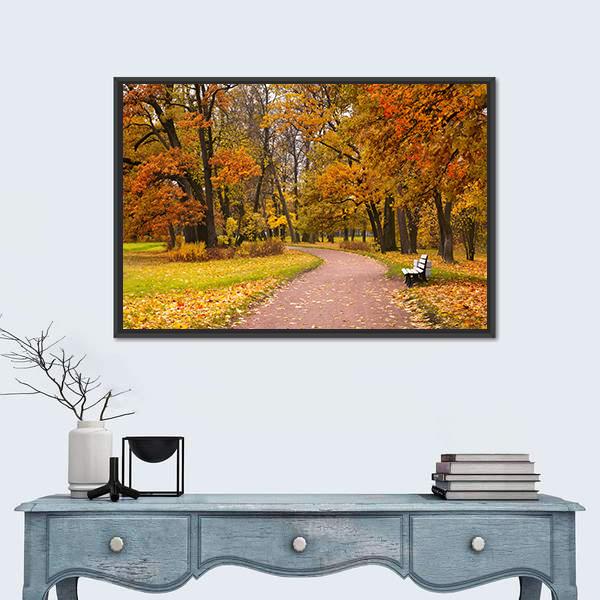 Pathway In Autumn Forest Canvas Wall Art-1 Piece-Floating Frame-24" x 16"-Tiaracle