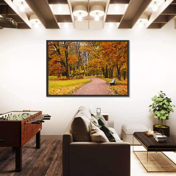 Pathway In Autumn Forest Canvas Wall Art-3 Horizontal-Gallery Wrap-25" x 16"-Tiaracle