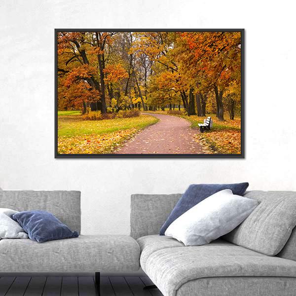 Pathway In Autumn Forest Canvas Wall Art-3 Horizontal-Gallery Wrap-25" x 16"-Tiaracle
