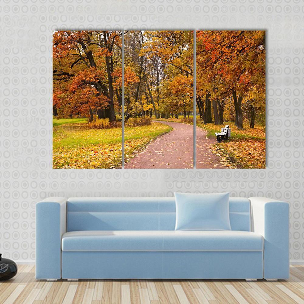 Pathway In Autumn Forest Canvas Wall Art-3 Horizontal-Gallery Wrap-37" x 24"-Tiaracle