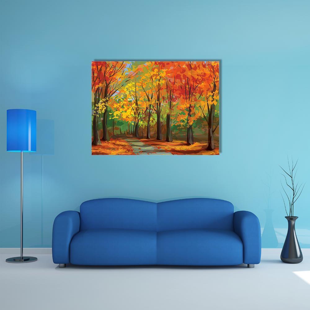 Autumn Forest Pathway Canvas Wall Art in brown, orange and yellow, single panel hung on a wall