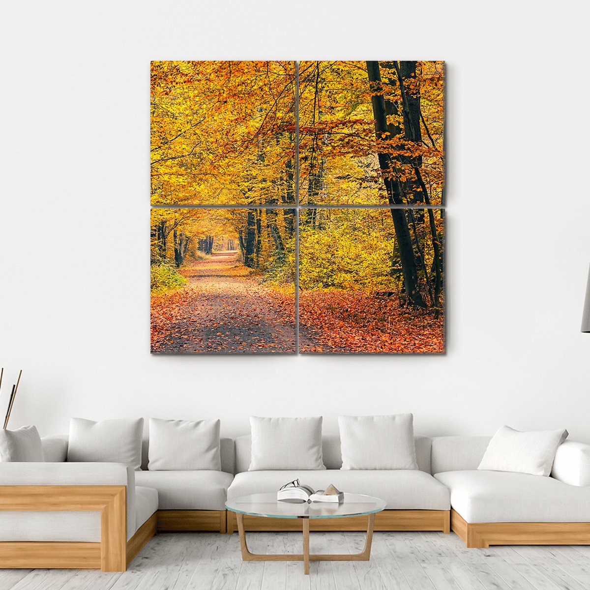 Pathway In The Autumn Forest Canvas Wall Art-4 Square-Gallery Wrap-17" x 17"-Tiaracle