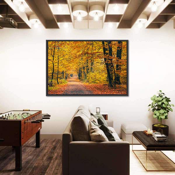 Pathway In The Autumn Forest Canvas Wall Art-3 Horizontal-Gallery Wrap-25" x 16"-Tiaracle