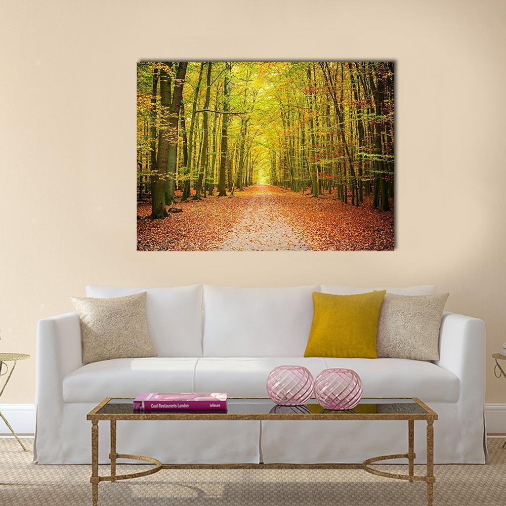 Pathway in the Autumn Forest Canvas Wall Art in orange, yellow and green, single panel hung on a wall