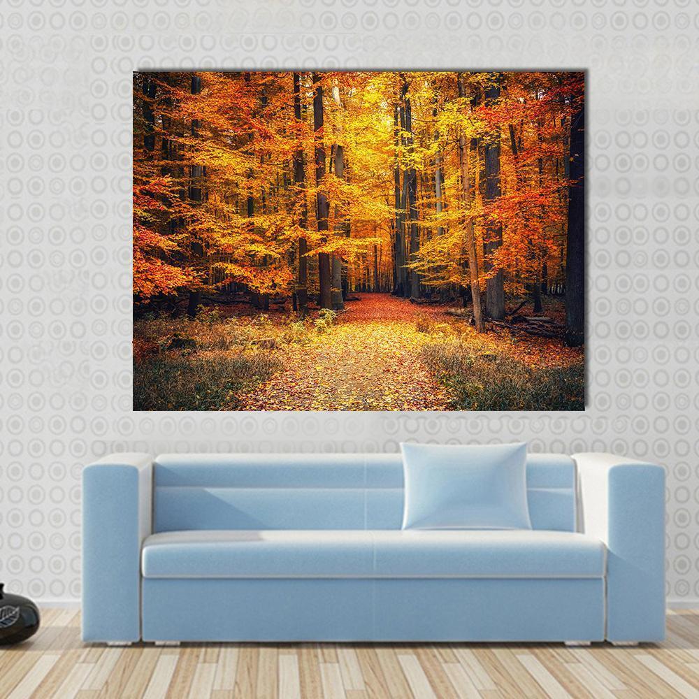Pathway in the Autumn Park Canvas Wall Art in brown, orange and yellow, single panel hung on a wall