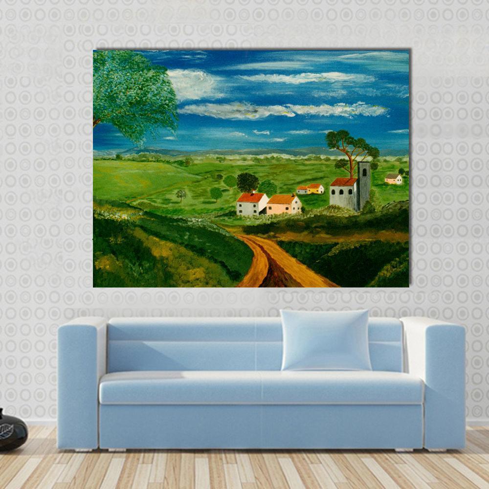 Oil Painting of Serene Village Canvas Wall Art in brown, green and blue, single panel hung on a wall