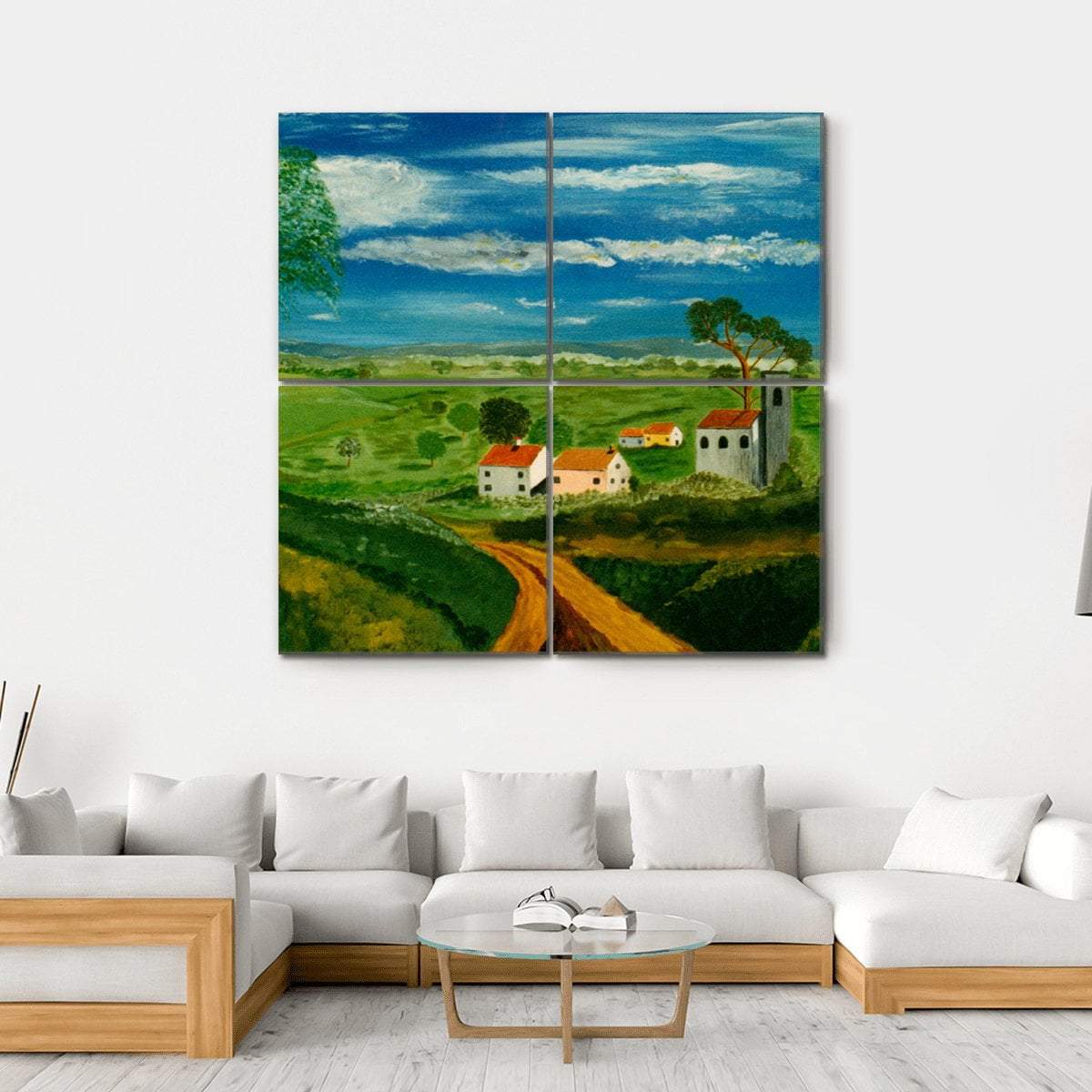 Oil Painting Of Village Canvas Wall Art-4 Square-Gallery Wrap-17" x 17"-Tiaracle