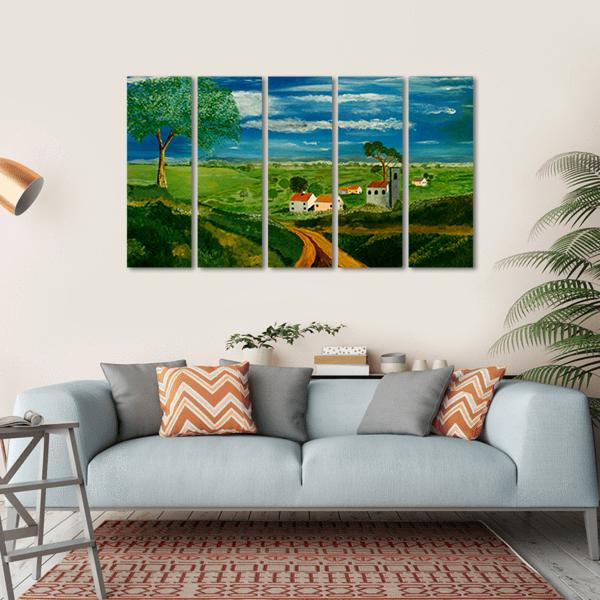 Oil Painting Of Village Canvas Wall Art-5 Horizontal-Gallery Wrap-22" x 12"-Tiaracle