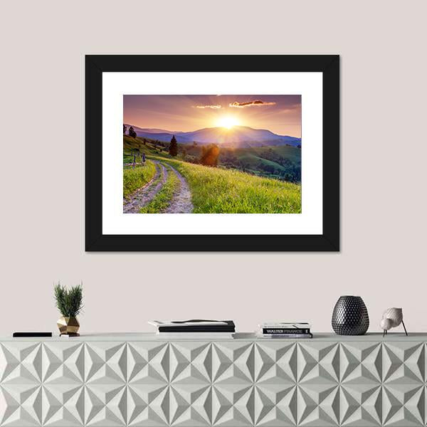 Pathway on Hilly Place Canvas Wall Art in yellow, green and purple, framed print, product view on a white background