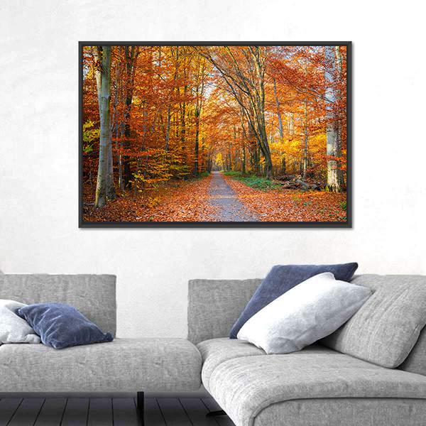 Pathway Through The Autumn Forest Canvas Wall Art-3 Horizontal-Gallery Wrap-25" x 16"-Tiaracle