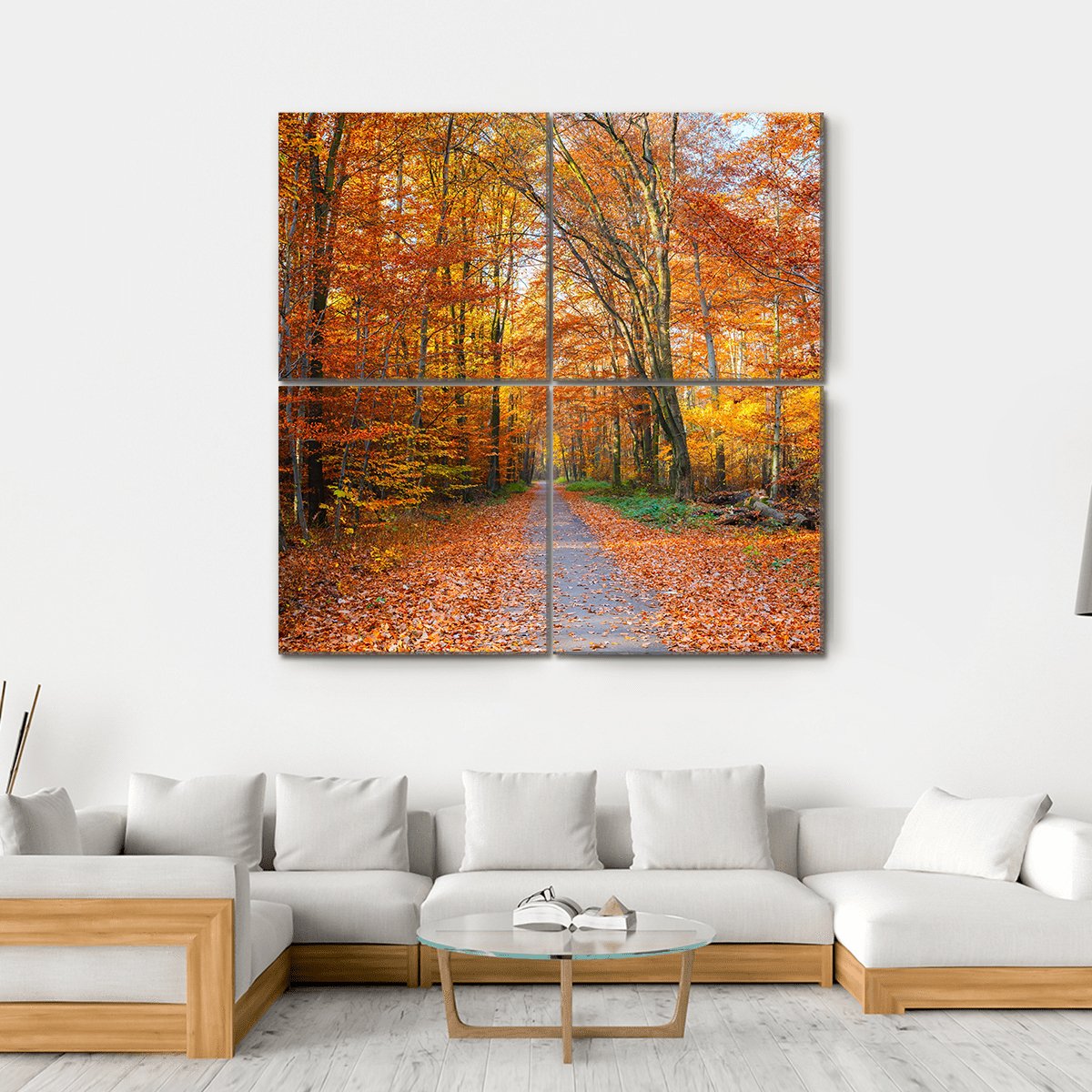 Pathway Through The Autumn Forest Canvas Wall Art-4 Square-Gallery Wrap-17" x 17"-Tiaracle