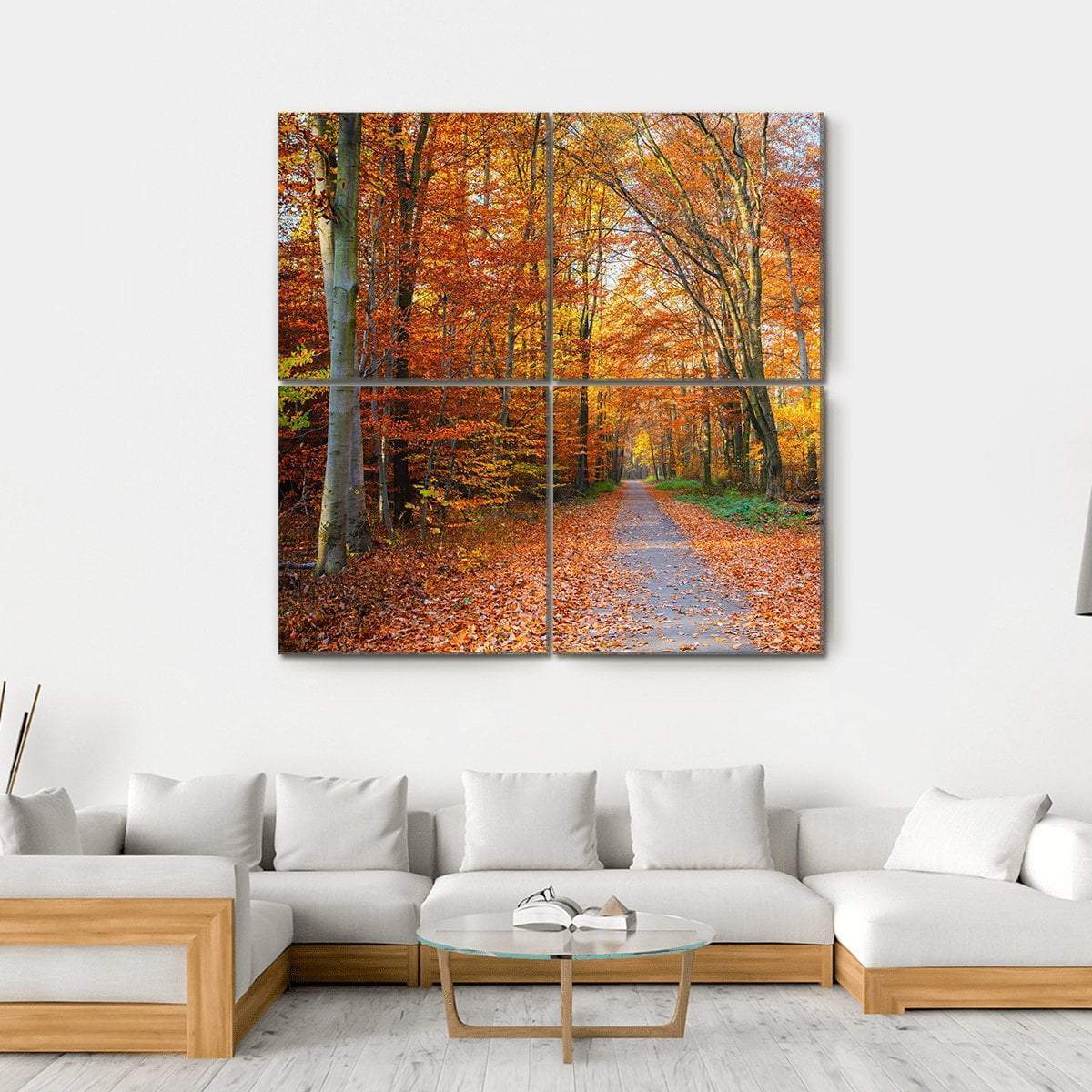 Pathway Through The Autumn Forest Canvas Wall Art-4 Square-Gallery Wrap-17" x 17"-Tiaracle