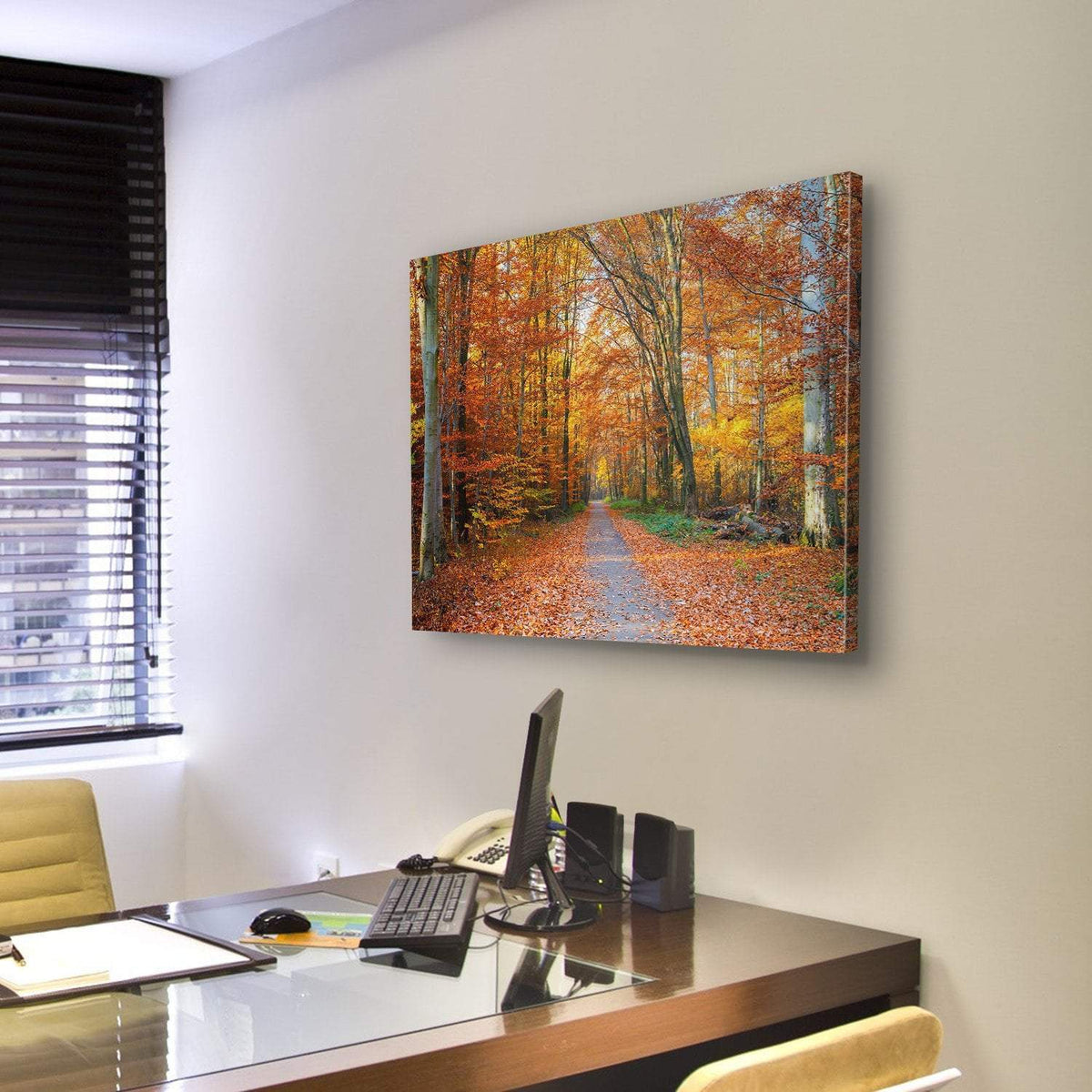 Pathway Through The Autumn Forest Canvas Wall Art-3 Horizontal-Gallery Wrap-25&quot; x 16&quot;-Tiaracle