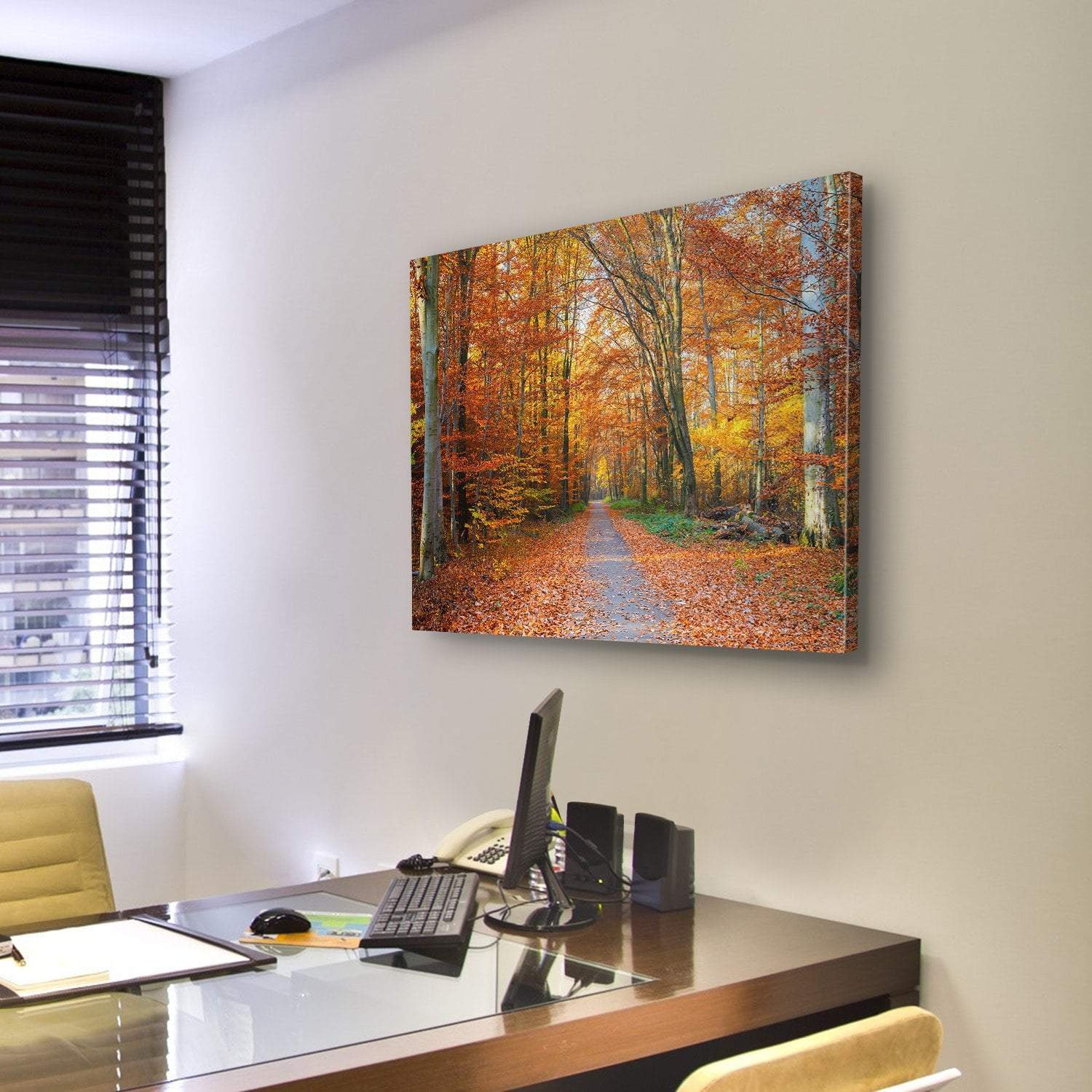 Pathway Through The Autumn Forest Canvas Wall Art-3 Horizontal-Gallery Wrap-25" x 16"-Tiaracle