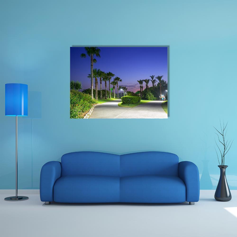 Beach Pathway with Palm Trees in Turkey Canvas Wall Art in gray, green and blue, single panel hung on a wall