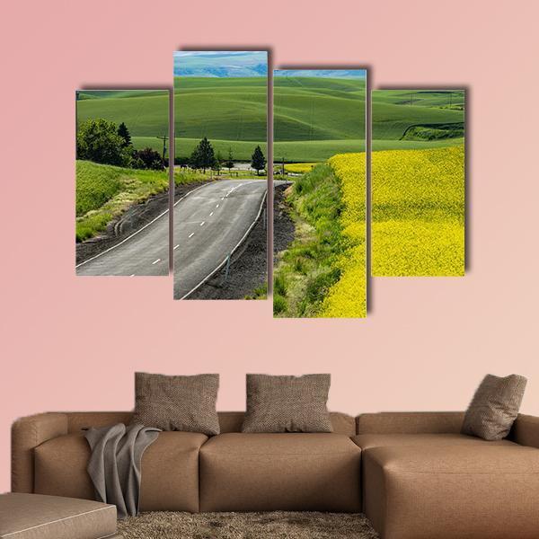 Paved Highway Passing Through Canola Fields Canvas Wall Art-4 Pop-Gallery Wrap-50" x 32"-Tiaracle