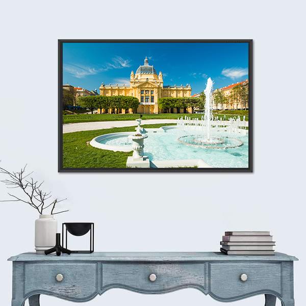 Pavilion And Fountain In Zagreb Canvas Wall Art-1 Piece-Floating Frame-24" x 16"-Tiaracle
