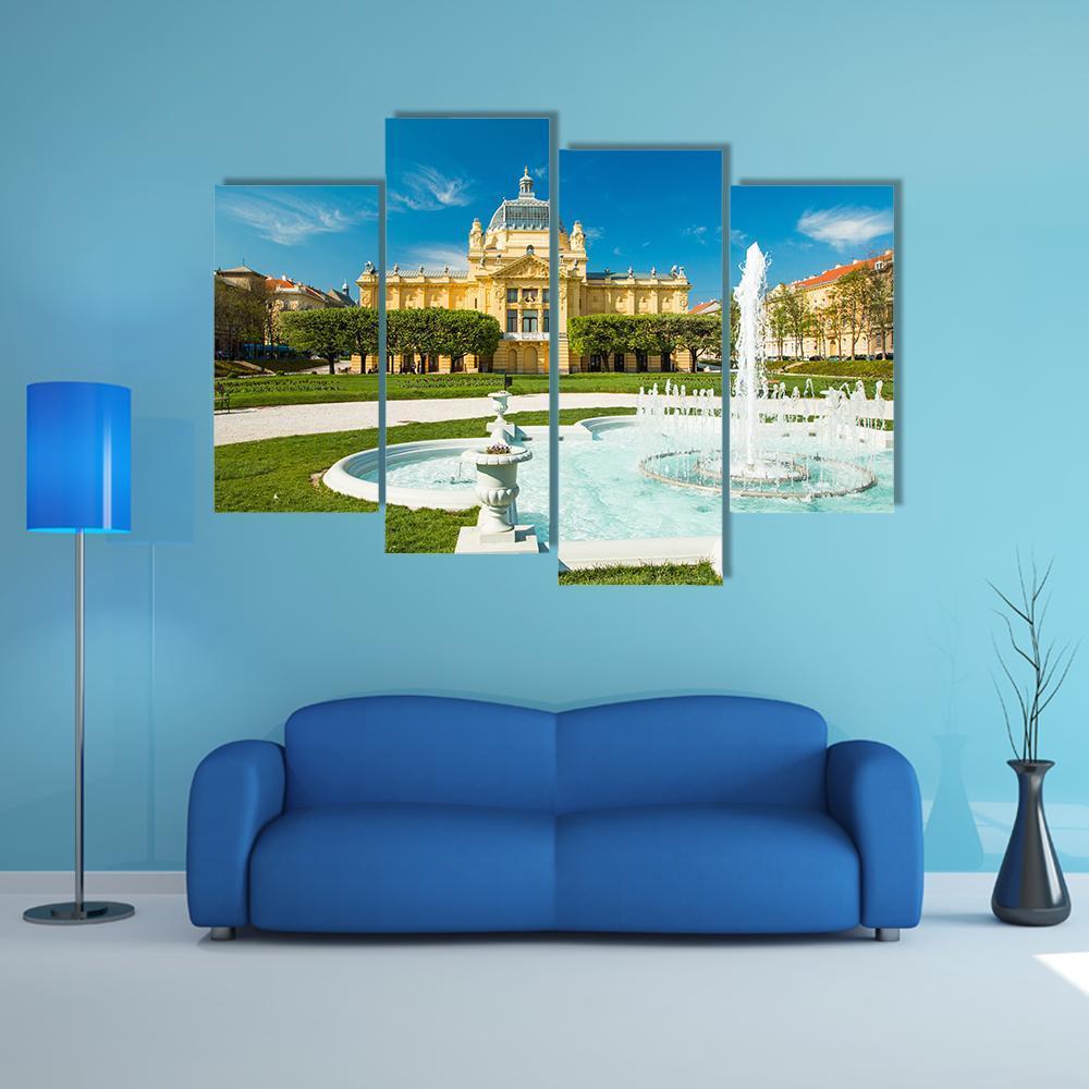 Pavilion And Fountain In Zagreb Canvas Wall Art-4 Pop-Gallery Wrap-50&quot; x 32&quot;-Tiaracle