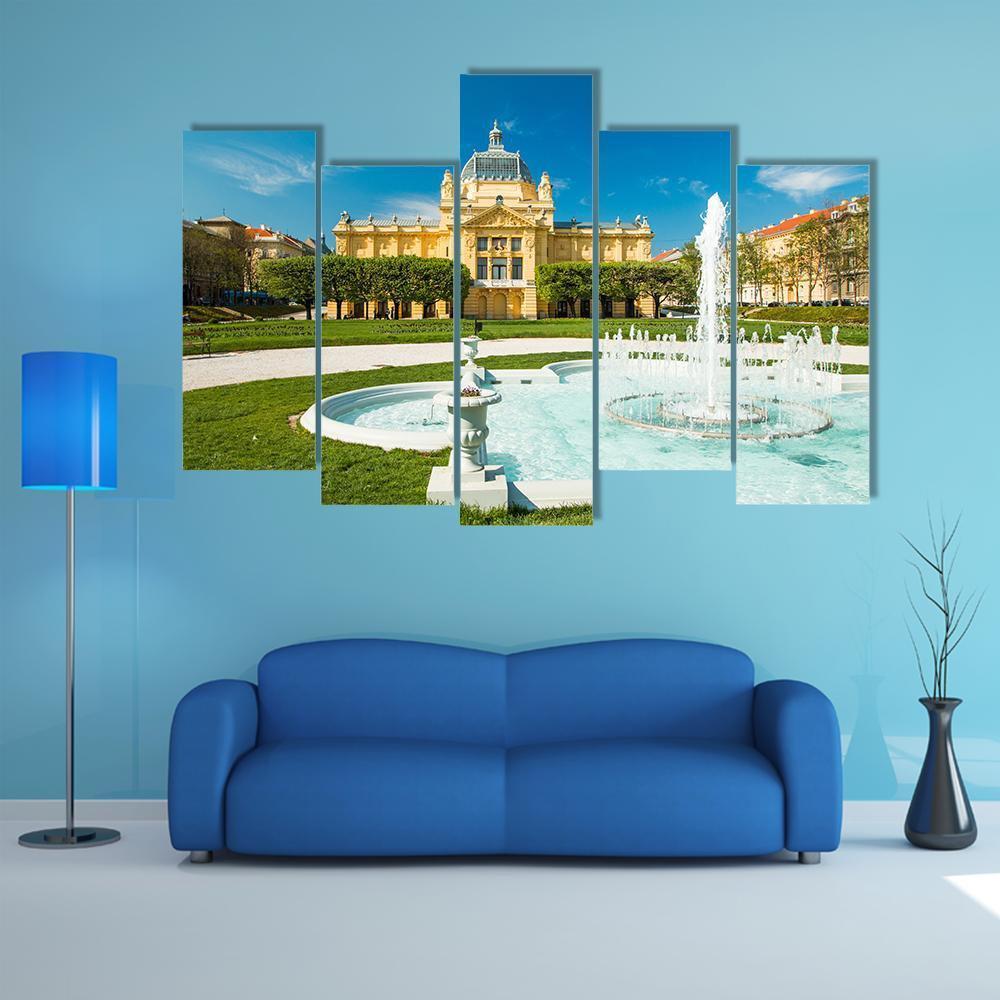 Pavilion And Fountain In Zagreb Canvas Wall Art-5 Pop-Gallery Wrap-47&quot; x 32&quot;-Tiaracle