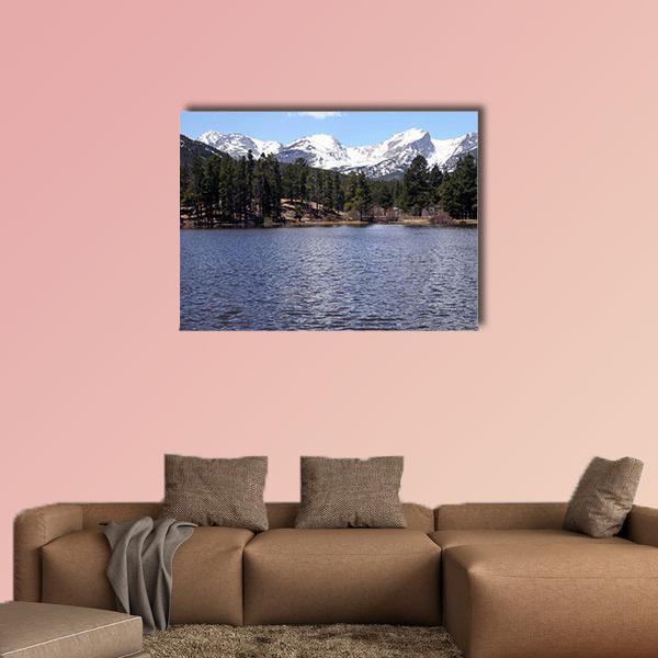 Peaceful Colorado Mountain Lake Canvas Wall Art in white, green and blue, single panel hung on a wall