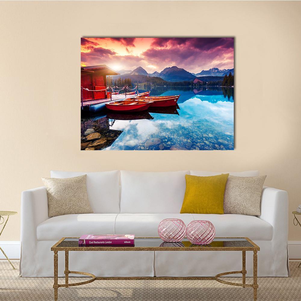Peaceful Slovak Mountain Lake at Sunset Canvas Wall Art in orange, blue and purple, single panel hung on a wall