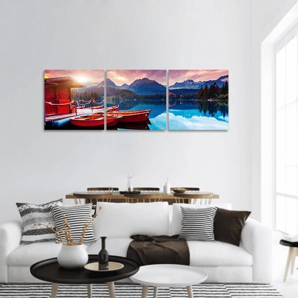 Peaceful Mountain Lake In Slovakia Panoramic Canvas Wall Art-3 Piece-25" x 08"-Tiaracle