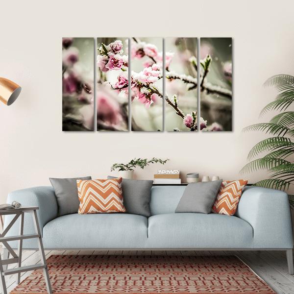 Peach Blossom Covered In Snow Canvas Wall Art-5 Horizontal-Gallery Wrap-22" x 12"-Tiaracle