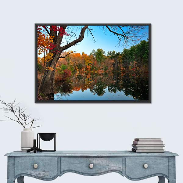 Peak Fall Foliage at Pine Grove Canvas Wall Art in orange, green and blue, framed canvas, product view on a white background