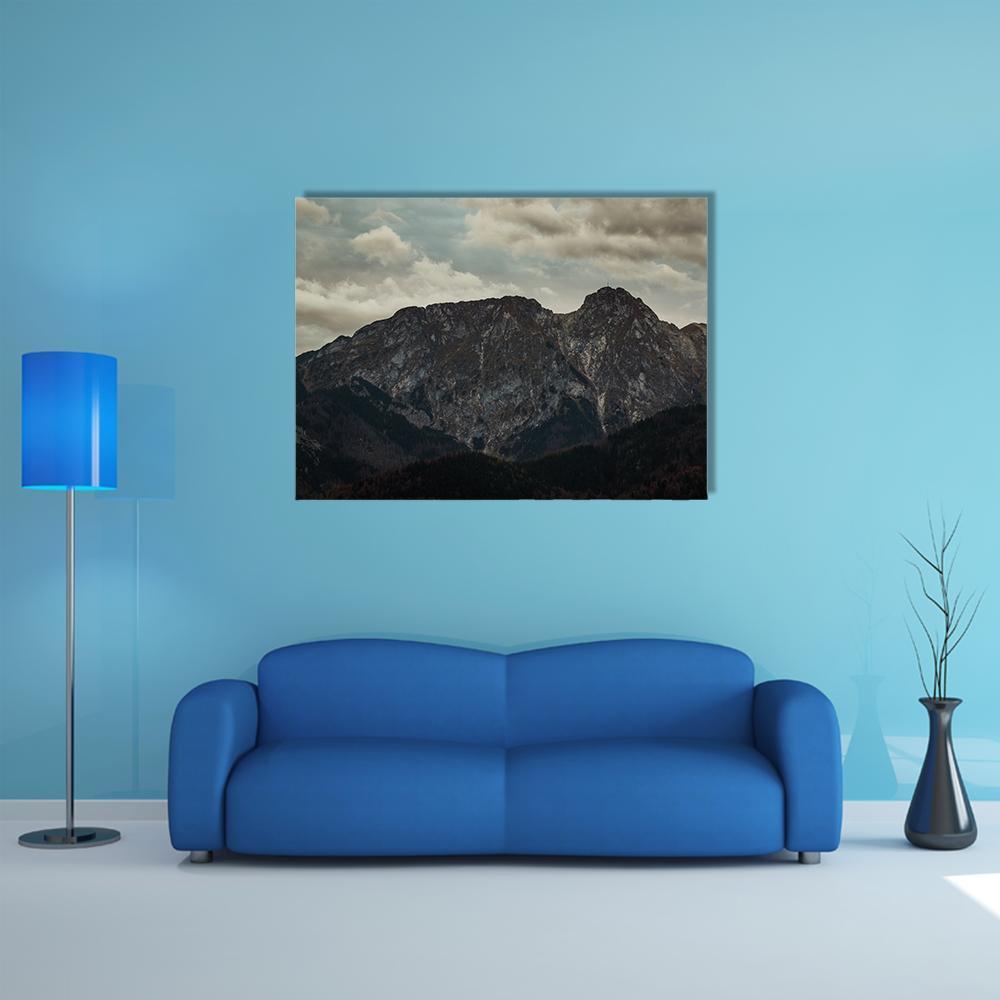 Giewont Peak in Tatra Mountains Canvas Wall Art in gray, brown and blue, single panel hung on a wall