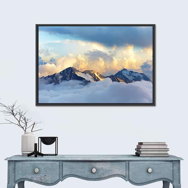 Peaks Covered With Snow And Clouds Canvas Wall Art-1 Piece-Floating Frame-24" x 16"-Tiaracle