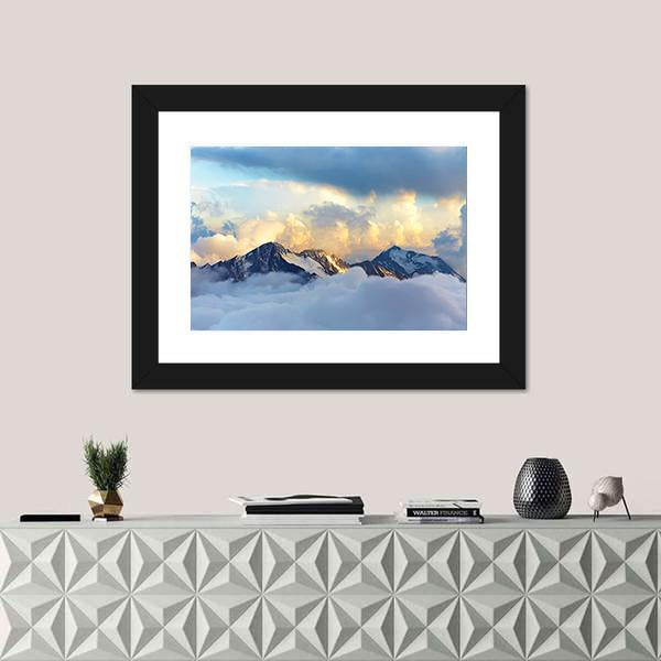 Peaks Covered With Snow And Clouds Canvas Wall Art-1 Piece-Framed Print-20" x 16"-Tiaracle