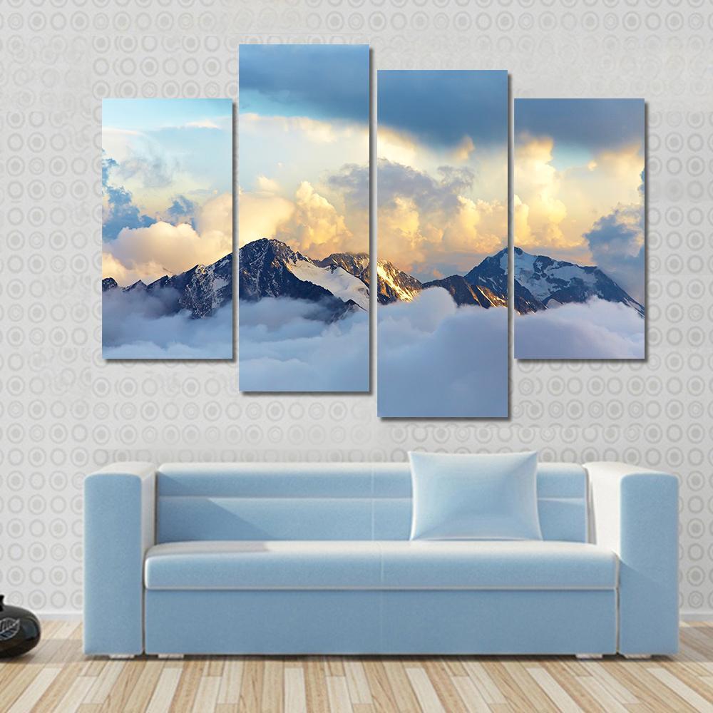 Peaks Covered With Snow And Clouds Canvas Wall Art-4 Pop-Gallery Wrap-50" x 32"-Tiaracle