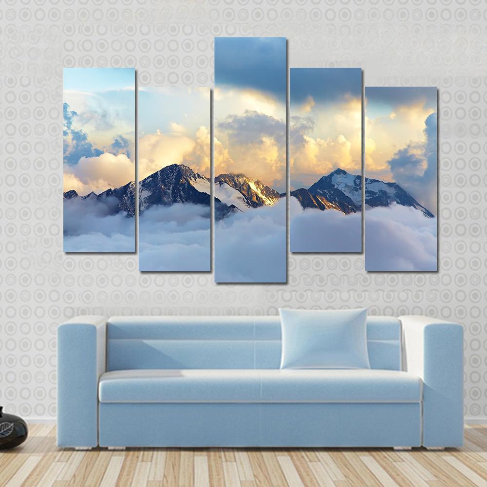 Peaks Covered With Snow And Clouds Canvas Wall Art-5 Pop-Gallery Wrap-47" x 32"-Tiaracle