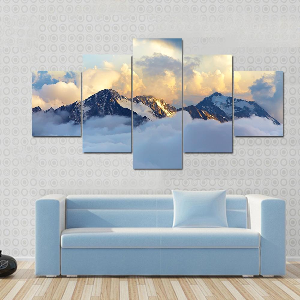Peaks Covered With Snow And Clouds Canvas Wall Art-5 Star-Gallery Wrap-62" x 32"-Tiaracle