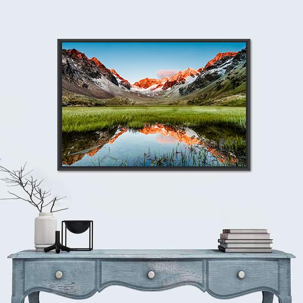 Peaks Mirroring In A Lake Canvas Wall Art-1 Piece-Floating Frame-24" x 16"-Tiaracle