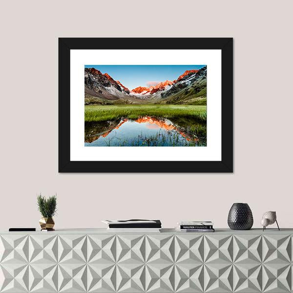 Peaks Mirroring In A Lake Canvas Wall Art-1 Piece-Framed Print-20" x 16"-Tiaracle