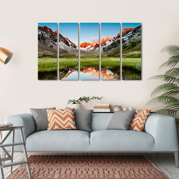 Peaks Mirroring In A Lake Canvas Wall Art-5 Horizontal-Gallery Wrap-22" x 12"-Tiaracle