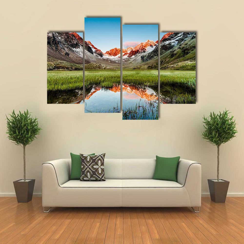 Peaks Mirroring In A Lake Canvas Wall Art-4 Pop-Gallery Wrap-50" x 32"-Tiaracle