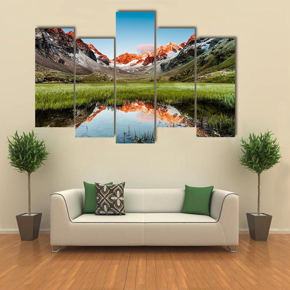 Peaks Mirroring In A Lake Canvas Wall Art-5 Pop-Gallery Wrap-47" x 32"-Tiaracle