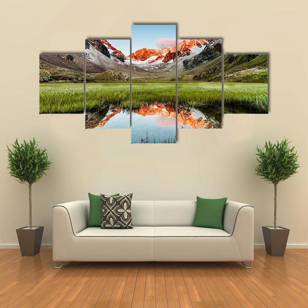Peaks Mirroring In A Lake Canvas Wall Art-5 Star-Gallery Wrap-62" x 32"-Tiaracle