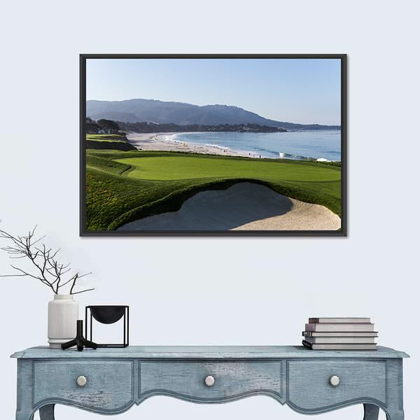 Pebble Beach Golf Course California Canvas Wall Art in beige, green and blue, 5 panel Star layout hung on a wall