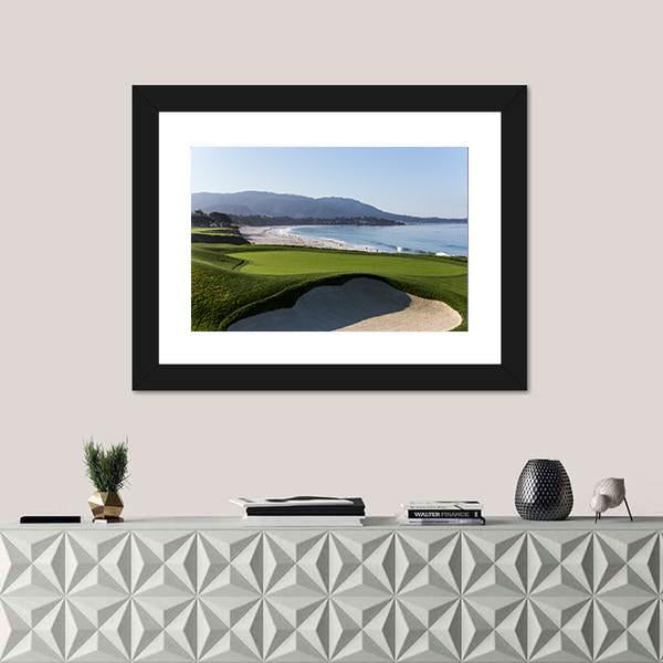 Pebble Beach Golf Course California Canvas Wall Art in beige, green and blue, 5 panel Star layout hung on a wall
