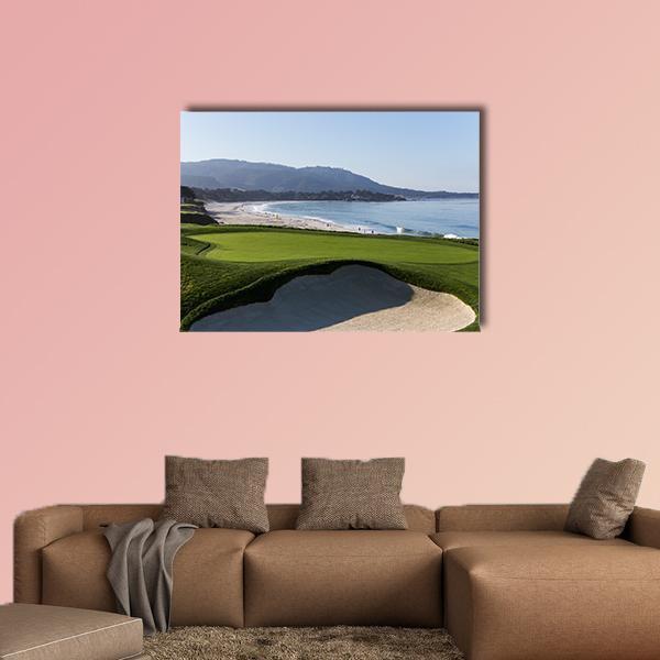 Pebble Beach Golf Course California Canvas Wall Art in beige, green and blue, single panel hung on a wall