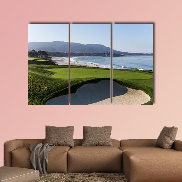 Pebble Beach Golf Course California Canvas Wall Art in beige, green and blue, 3 panel horizontal set hung on a wall